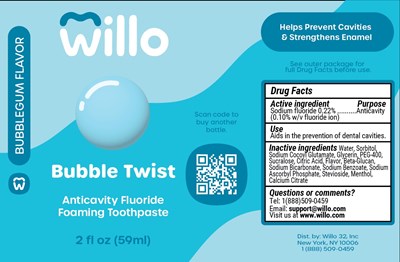 Willo Bubble Twist Dye Free 2oz Label (Willo 2oz Bubble Twist Dyefree Fluoride Dentalbrite 006)